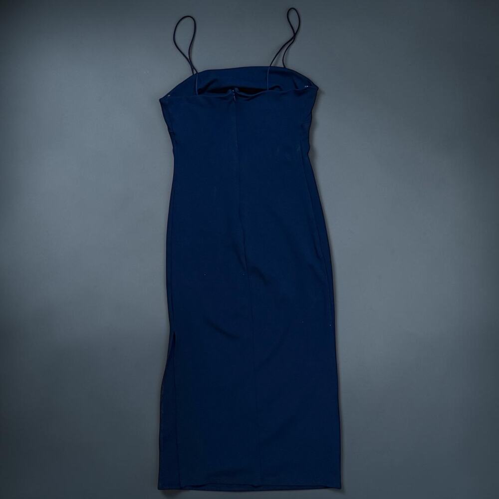 Francesca’s Dee Elly Body Con Midi Dress Womens Navy Blue Spaghetti Strap Sz S